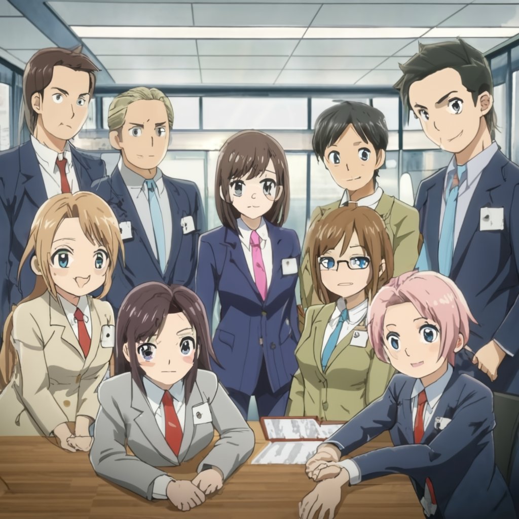 Anime style Japanese schoolteachers standing around in suits