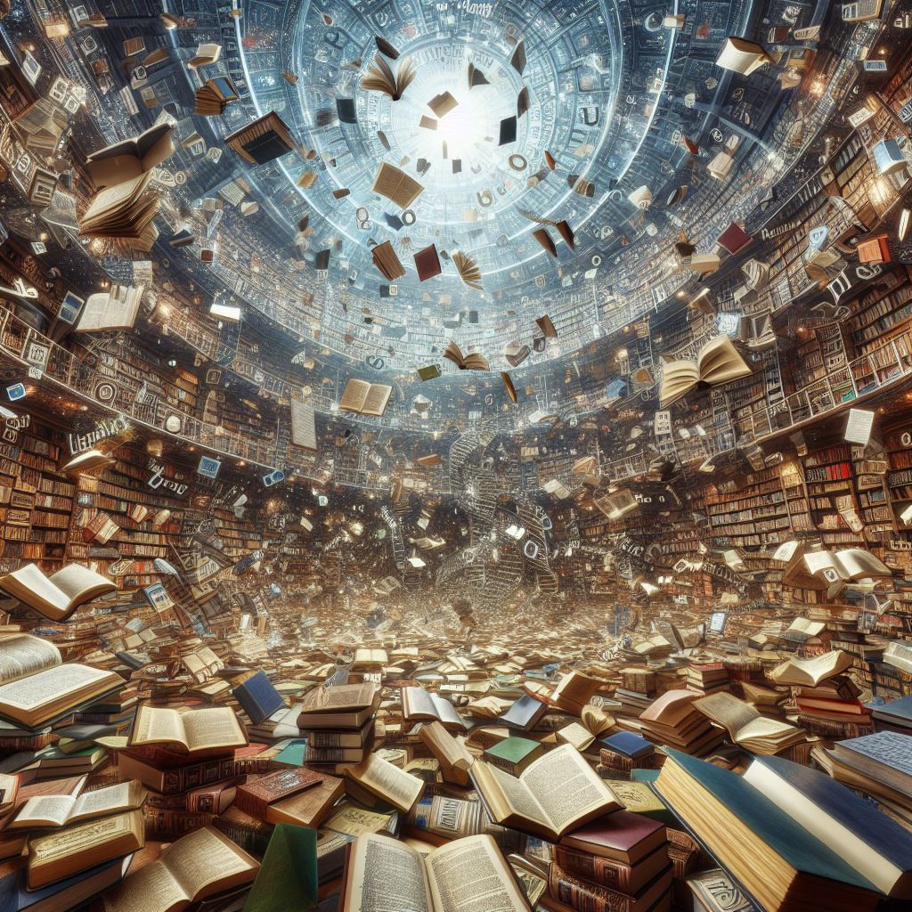 dictionaries, thesauruses, and other literary books and words and terms flying around a fantastic large open library