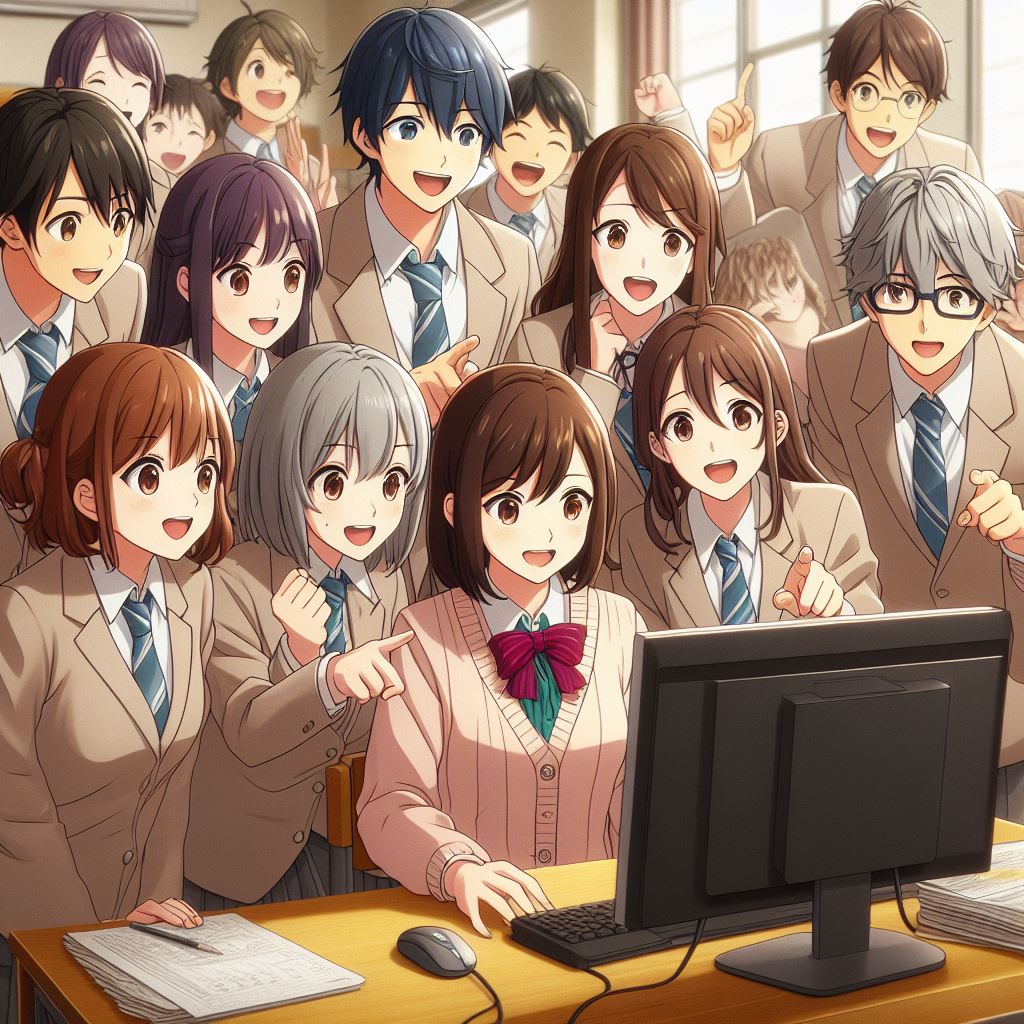Japanese schoolteachers in the school staff room crowded around a computer looking and pointing at the monitor and smiling, anime style