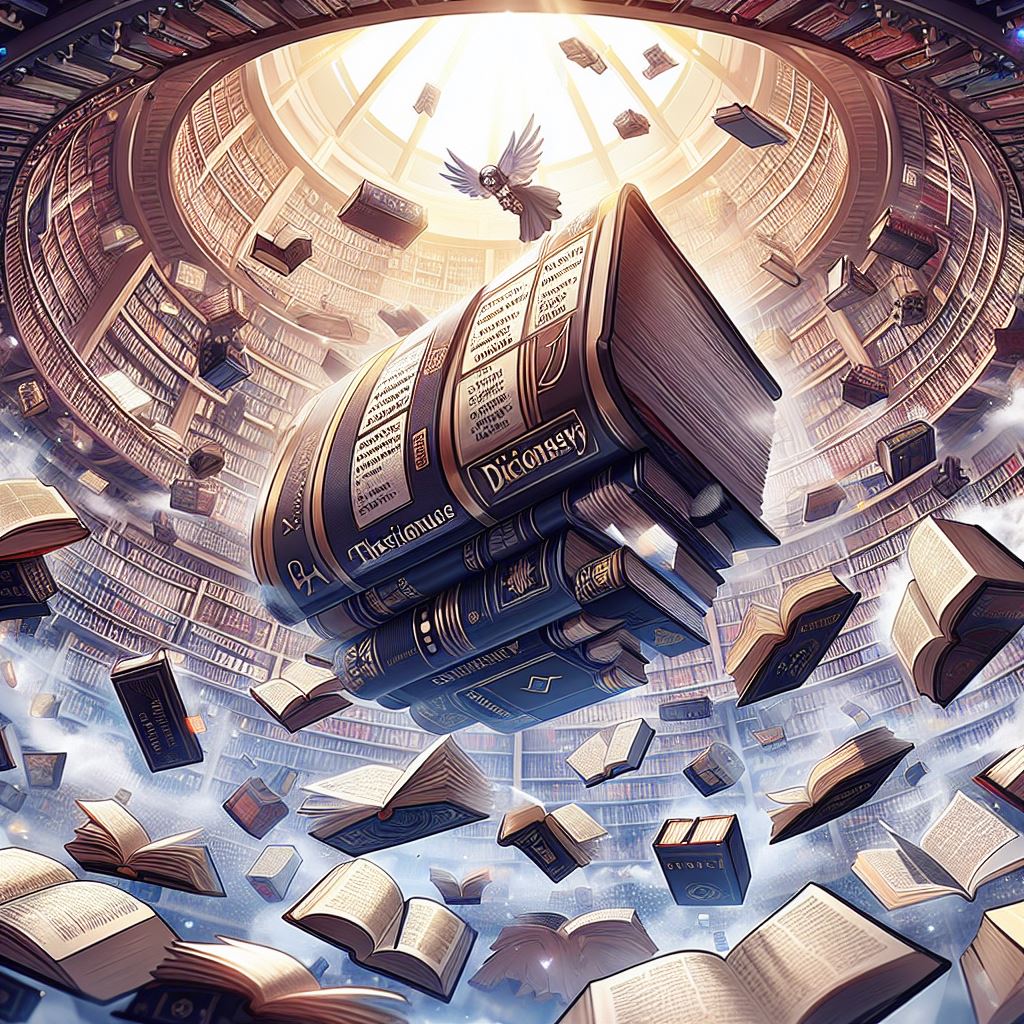 dictionaries, thesauruses, and other literary books and words and terms flying around a fantastic large open library