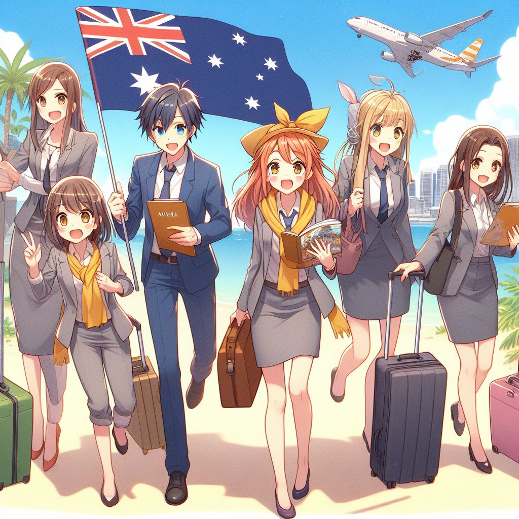 A group of Japanese teachers taking annual leave from work to travel to Australia, anime style