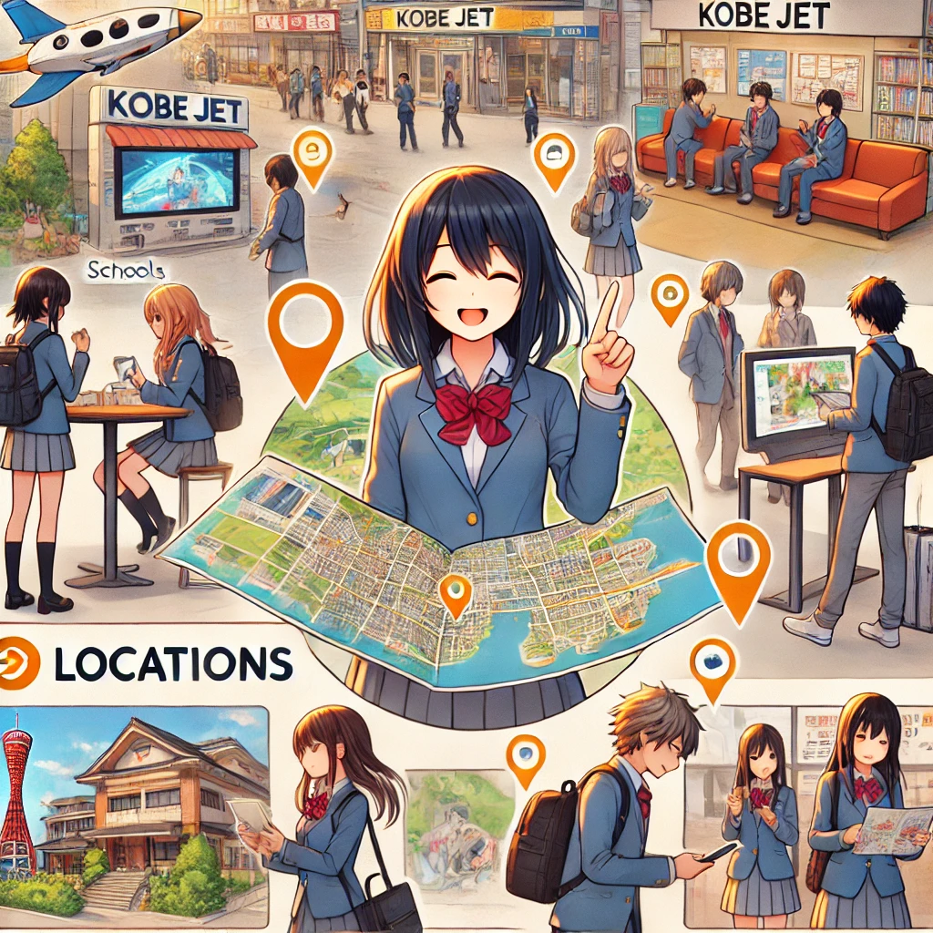 Locations relevant to JETs in Kobe, such as schools, community centers, municipal offices, and popular hangout spots