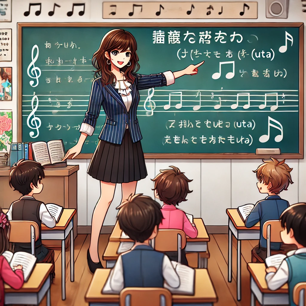 A teacher in a classroom teaching English through song lyrics