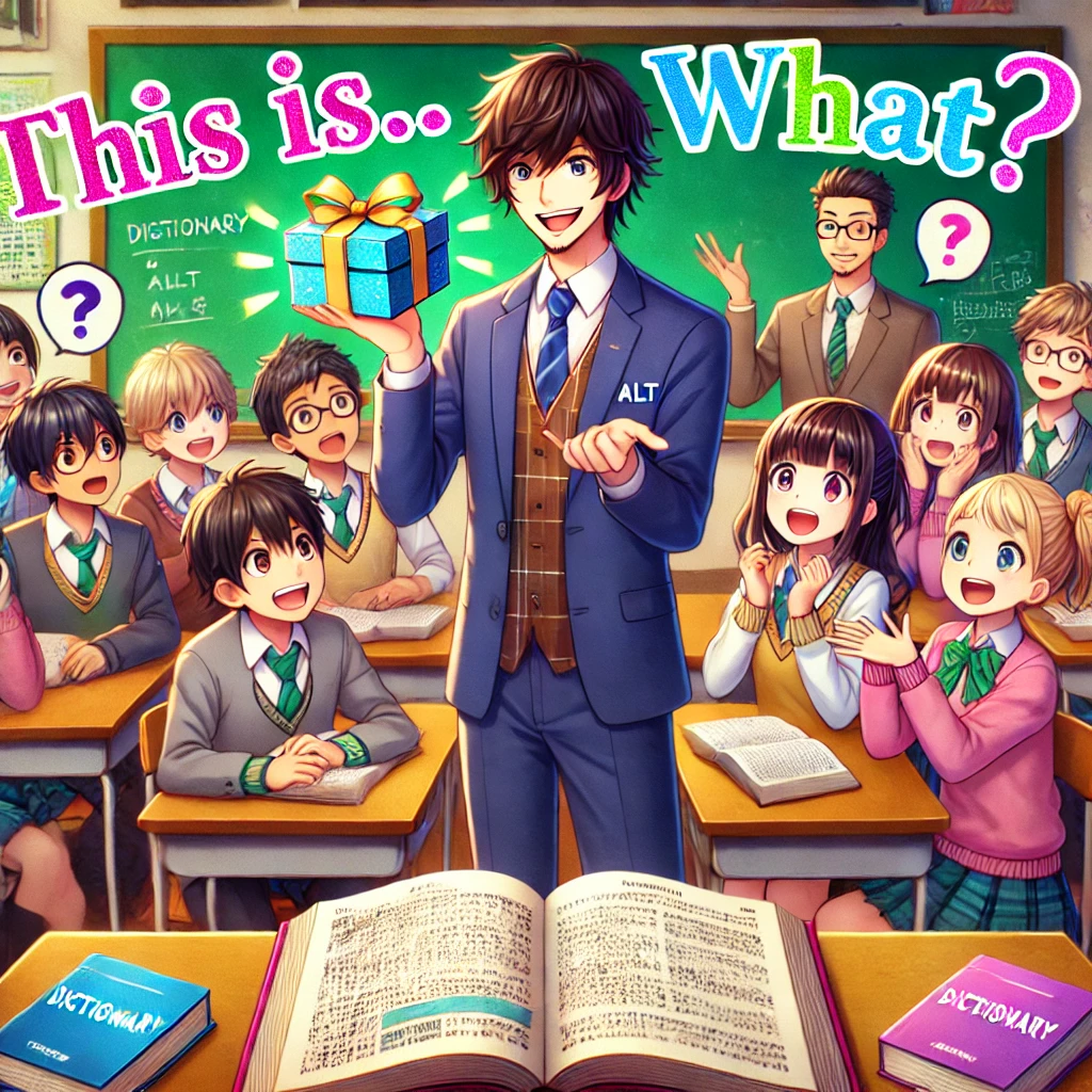 A Japanese teacher (ALT) holding a small box and smiling