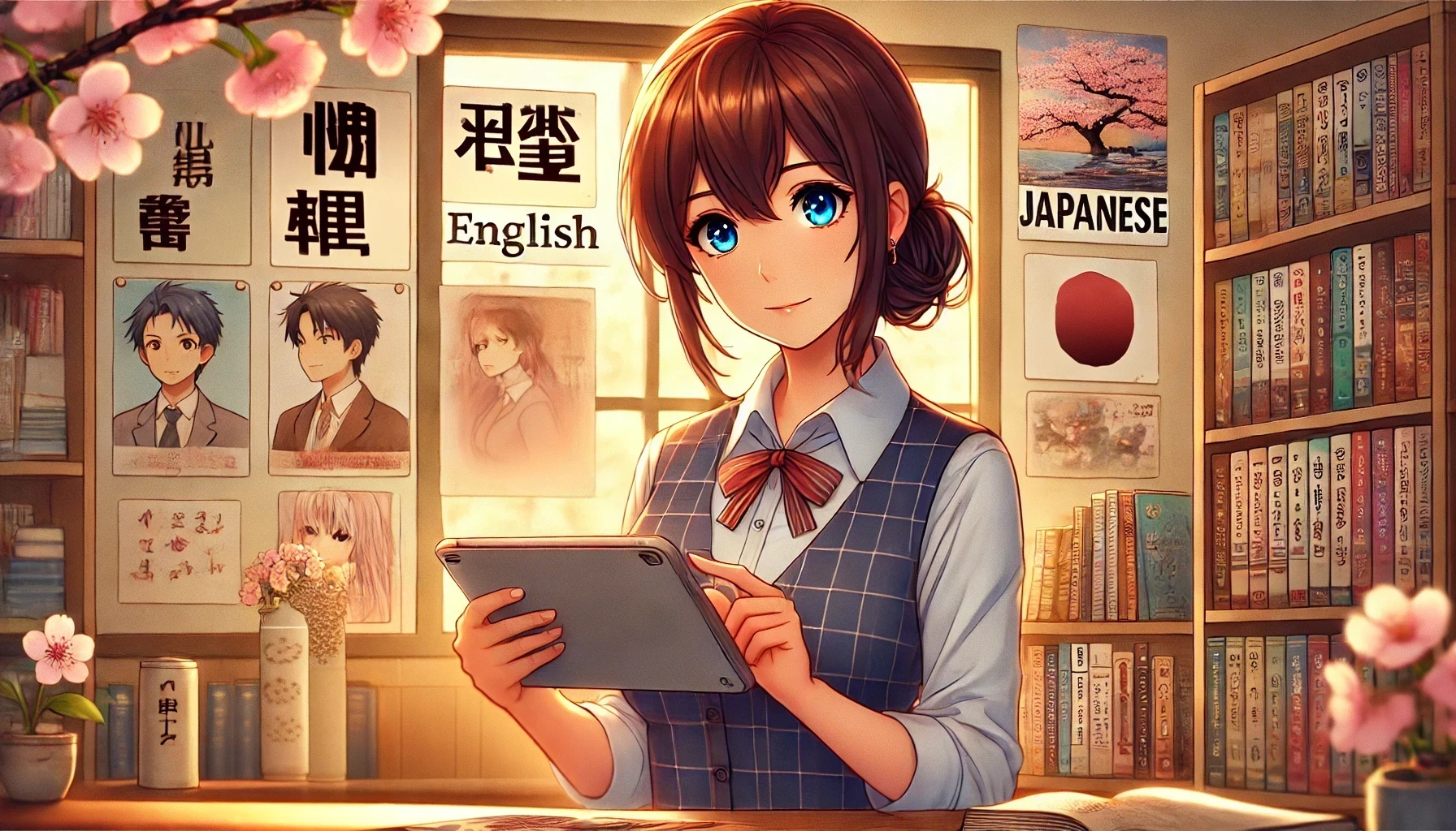 A teacher in a cozy, modern classroom, focused on reviewing multilingual content on a sleek tablet.