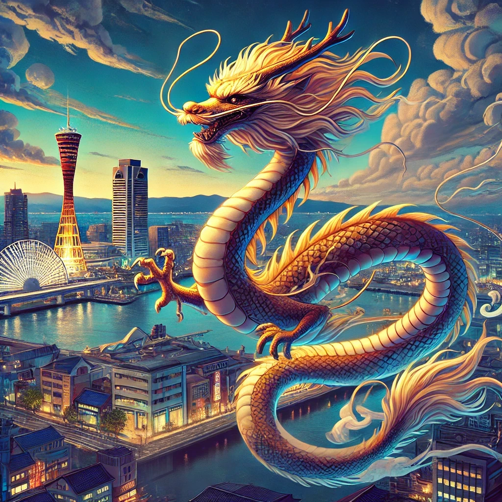 A majestic Japanese dragon soaring over the city of Kobe