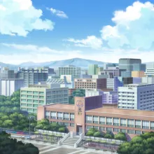 A large school building in front of a cityscape with mountains in the background, anime style