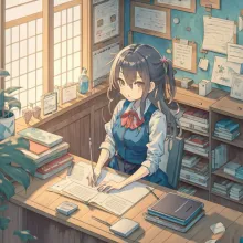 A teacher working at a desk on a paper in a folder, in a very organized office, anime style