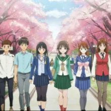 A group of teachers from different countries attending training sessions in Japan during the Spring, anime style