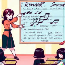 A Japanese teacher teaching her class songs by playing music for her class while showing lyrics and translated lyrics behind her