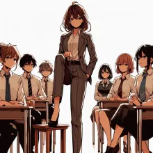 A Japanese teacher leading a group of other teachers, in an arrogant type of pose, one foot on a chair, anime style