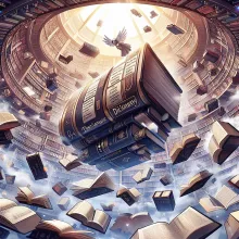 dictionaries, thesauruses, and other literary books and words and terms flying around a fantastic large open library