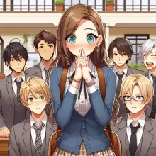A fun image of several teachers in a courtyard, with a female teacher in the middle who is slightly shorter, younger, and a tad embarrassed, anime style