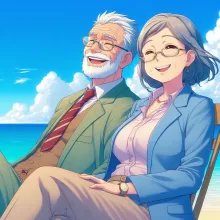 a pair of very old and wise former foreign teachers smiling and relaxing on the beach, anime style