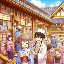 A busy, happy hospital scene in traditional Japan