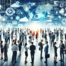 A crowd of professionals conversing and sharing ideas, dreams, and information with each other in a futuristic setting