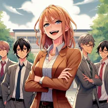 A fun image of several teachers in a courtyard, with one in the middle who is slightly taller and wiser, mock arrogantly grinning with an air of superiority, anime style
