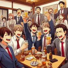 Professional men and women at a traditional after-work enkai/nijikai party toasting, drinking, laughing and having fun, starting to get a little drunk and sloppy and overly boisterous