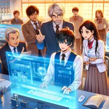 several foreign and native English teachers in Japan working together on a futuristic version of a website on a computer, anime style