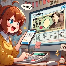 'Payday' showing a cheerful and excited teacher checking their bank