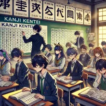 A diverse group of characters in a classroom setting, preparing for the Kanji Kentei exam