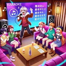 A diverse group of friends in a cozy karaoke box room, singing and having fun