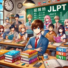 A diverse group of students, including a foreign student, studying for the Japanese Language Proficiency Test