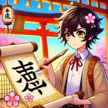 A student holding a large brush and writing in kanji