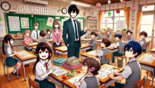 A homeroom teacher (HRT) standing in a classroom full of students.
