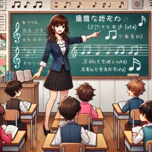 A teacher in a classroom teaching English through song lyrics
