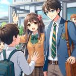 A male and female teacher greeting students as they arrive outside a Japanese school, anime style