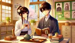 Japanese male and female teacher sitting in a bright and cozy staff common room