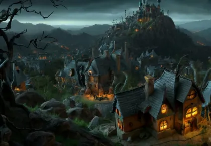 hauntingly beautiful halloween detailed large town scene seen from a craggy mountain overlook, claymation, animation, spooky, dark
