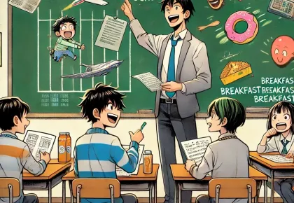 A classroom scene featuring a cheerful Japanese teacher interacting with middle school students in pairs