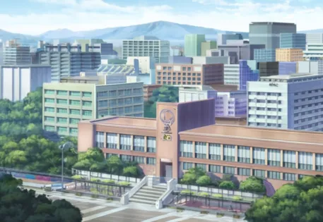 A large school building in front of a cityscape with mountains in the background, anime style