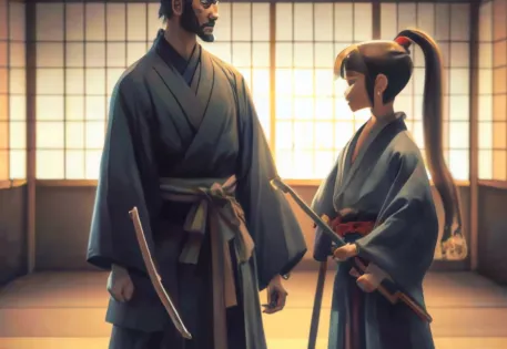 An older Japanese samurai master and his young, female apprentice
