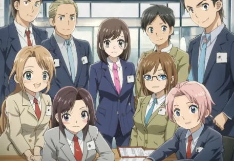 Anime style Japanese schoolteachers standing around in suits