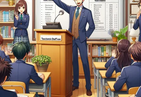 The principal of a school greeting and giving the morning announcements in the teachers' staff room in the morning before classes begin, anime style