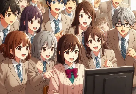 Japanese schoolteachers in the school staff room crowded around a computer looking and pointing at the monitor and smiling, anime style