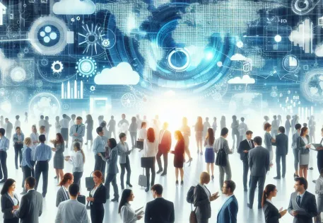 A crowd of professionals conversing and sharing ideas, dreams, and information with each other in a futuristic setting