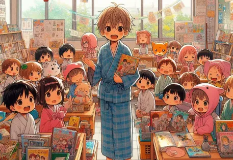 a program through which various Elementary school and Kindergarten schools around Kobe City host activities that focus on English communication and/or cultural exchange, anime style