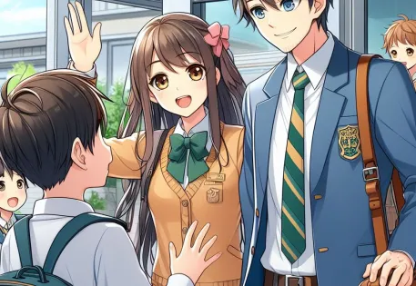 A male and female teacher greeting students as they arrive outside a Japanese school, anime style