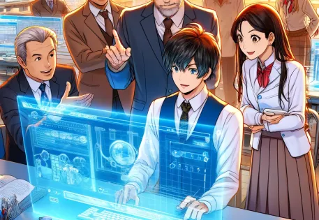 several foreign and native English teachers in Japan working together on a futuristic version of a website on a computer, anime style