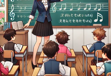 A teacher in a classroom teaching English through song lyrics