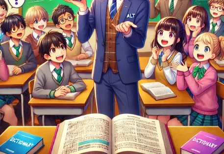 A Japanese teacher (ALT) holding a small box and smiling