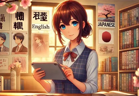 A teacher in a cozy, modern classroom, focused on reviewing multilingual content on a sleek tablet.