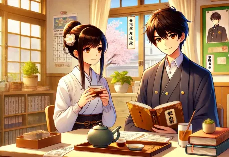 Japanese male and female teacher sitting in a bright and cozy staff common room