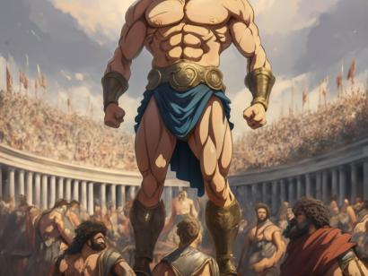 Anime style, Hercules showing off his muscles to a large crowd in ancient Greece