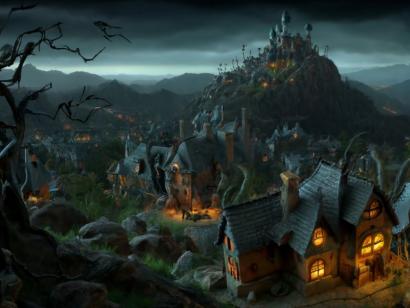 hauntingly beautiful halloween detailed large town scene seen from a craggy mountain overlook, claymation, animation, spooky, dark